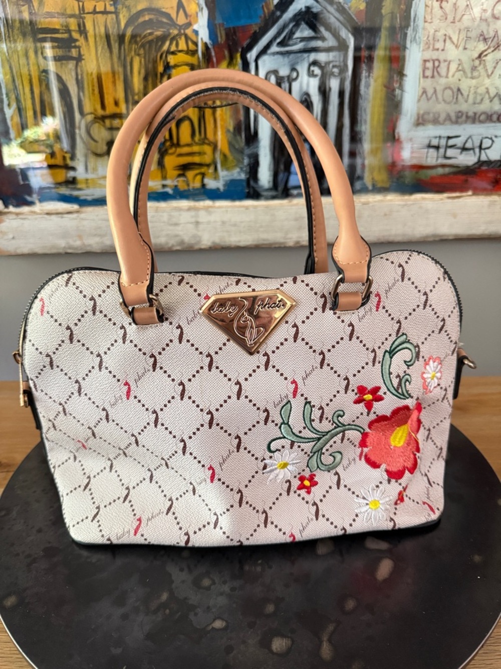 Y2K Baby Phat Floral Embroidered Satchel Handbag - Beige with Tan Handles